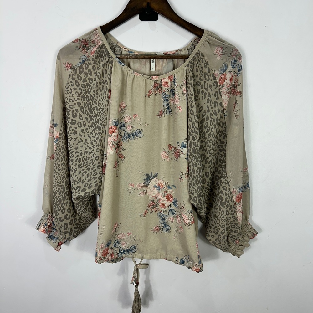 Cato Sheer Floral Leopard Top‎ Boho Blouse Womens Medium Earthy Romantic Indie